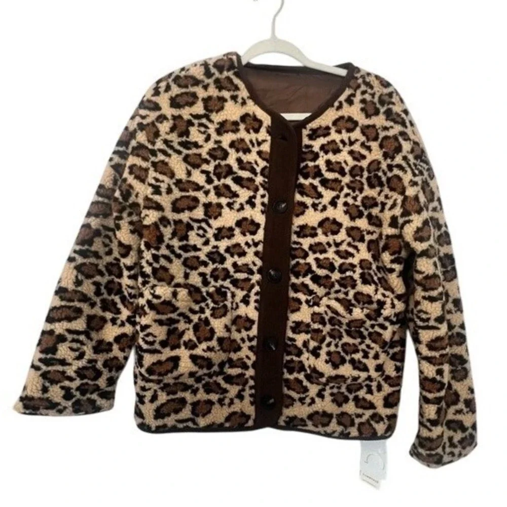 Trendy Leopard‎ Print Faux Fur Jacket Button Down Corduroy Trim Coat